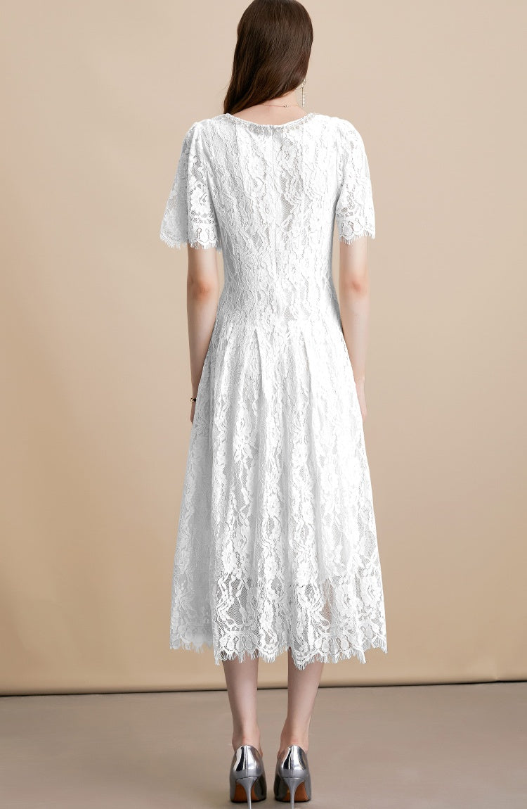CM-DY054109 Women Elegant European Style Diamond Pearl Decor Round Neck Short Sleeve Midi Dress - White
