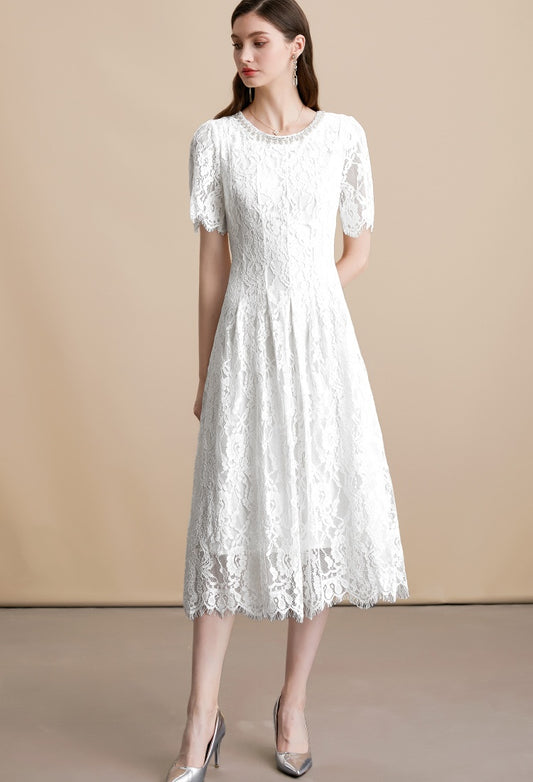 CM-DY054109 Women Elegant European Style Diamond Pearl Decor Round Neck Short Sleeve Midi Dress - White