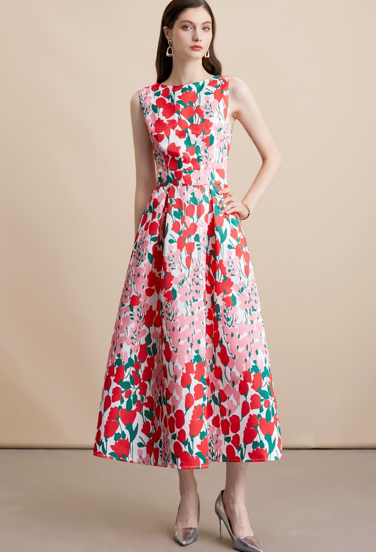 CM-DY054110 Women Elegant European Style Floral Print Round Neck Sleeveless A-Line High Waist Mid-Length Dress