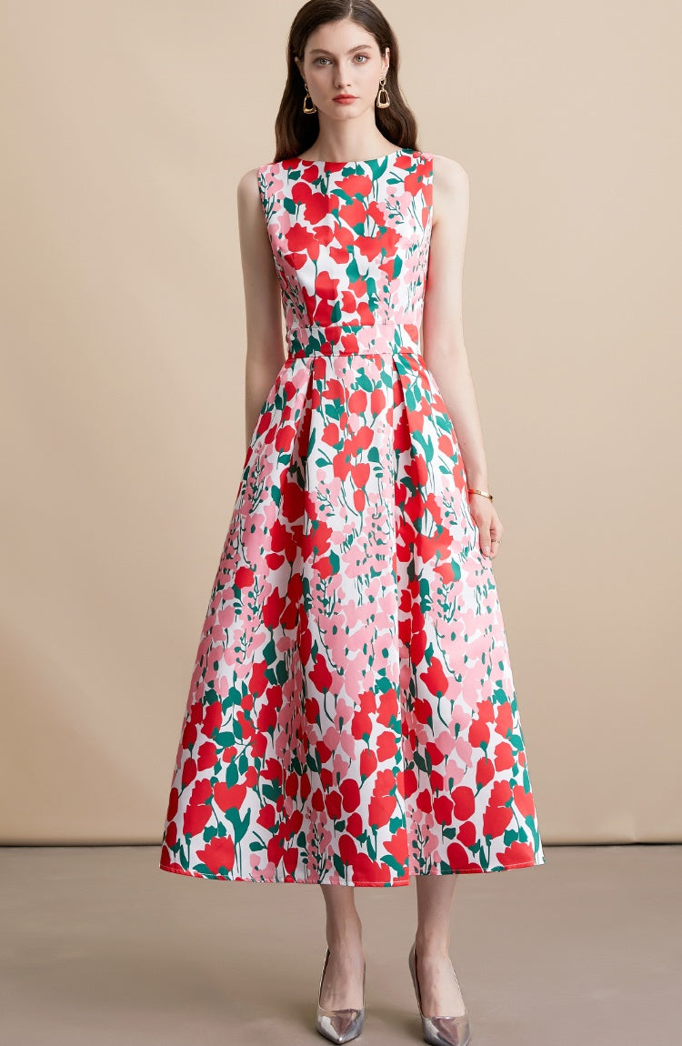 CM-DY054110 Women Elegant European Style Floral Print Round Neck Sleeveless A-Line High Waist Mid-Length Dress