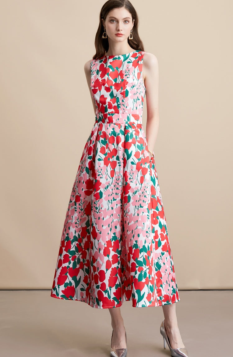 CM-DY054110 Women Elegant European Style Floral Print Round Neck Sleeveless A-Line High Waist Mid-Length Dress