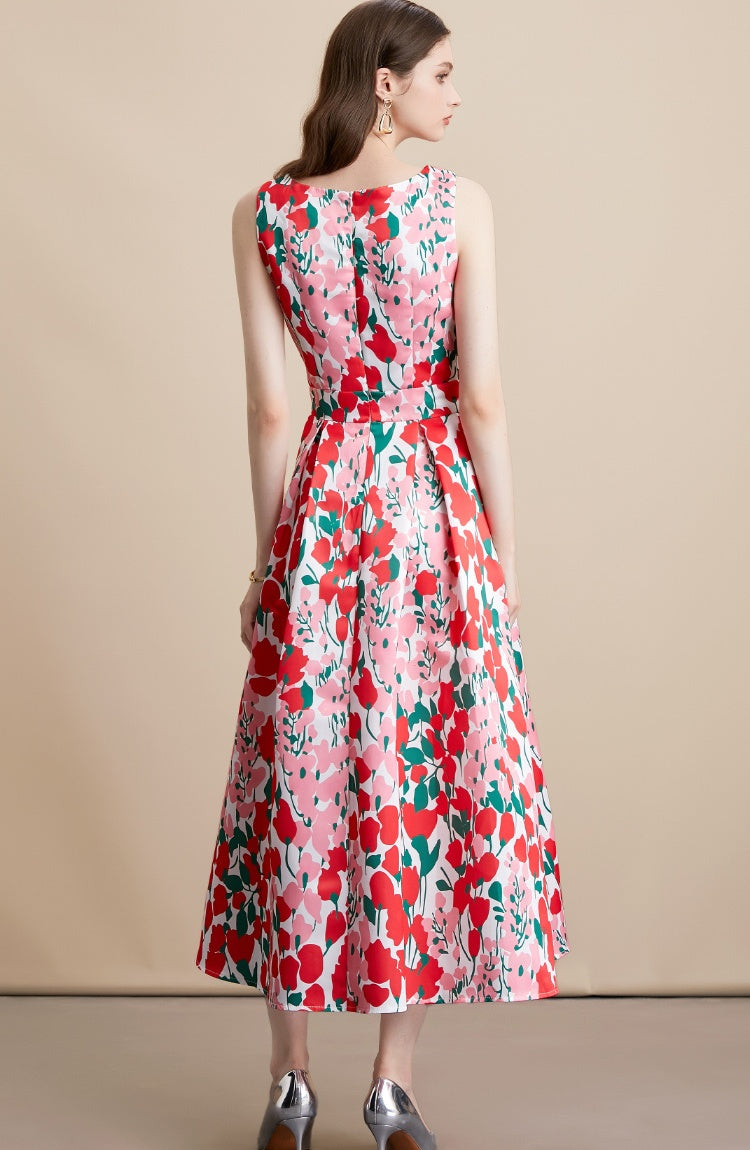 CM-DY054110 Women Elegant European Style Floral Print Round Neck Sleeveless A-Line High Waist Mid-Length Dress