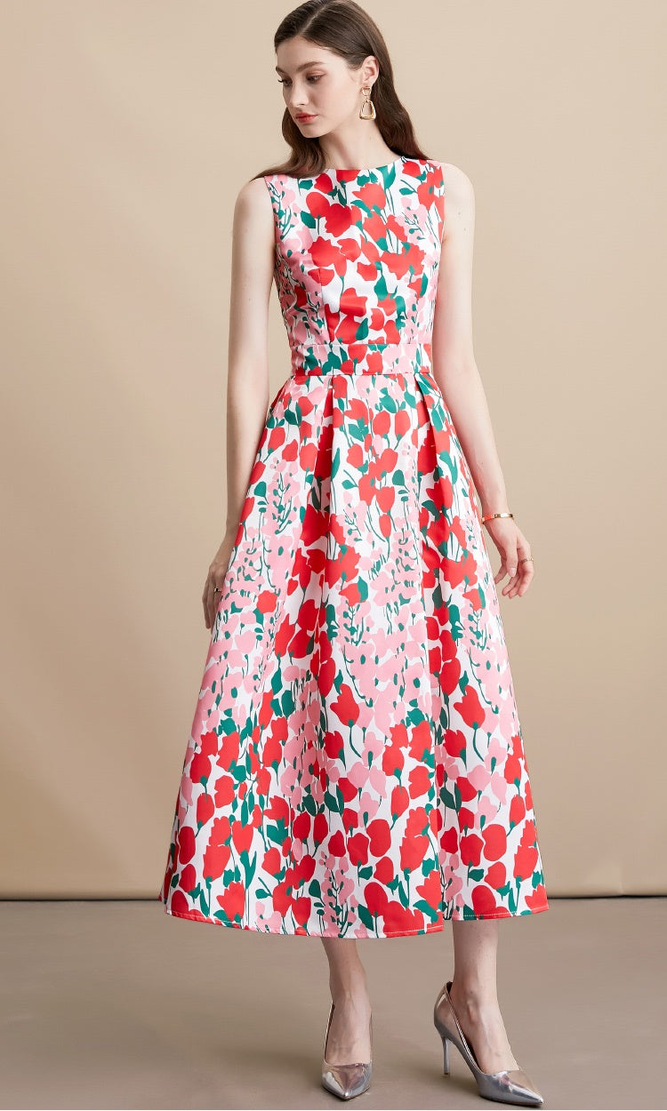 CM-DY054110 Women Elegant European Style Floral Print Round Neck Sleeveless A-Line High Waist Mid-Length Dress