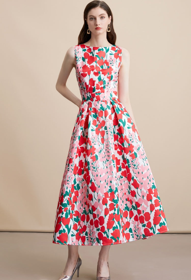 CM-DY054110 Women Elegant European Style Floral Print Round Neck Sleeveless A-Line High Waist Mid-Length Dress