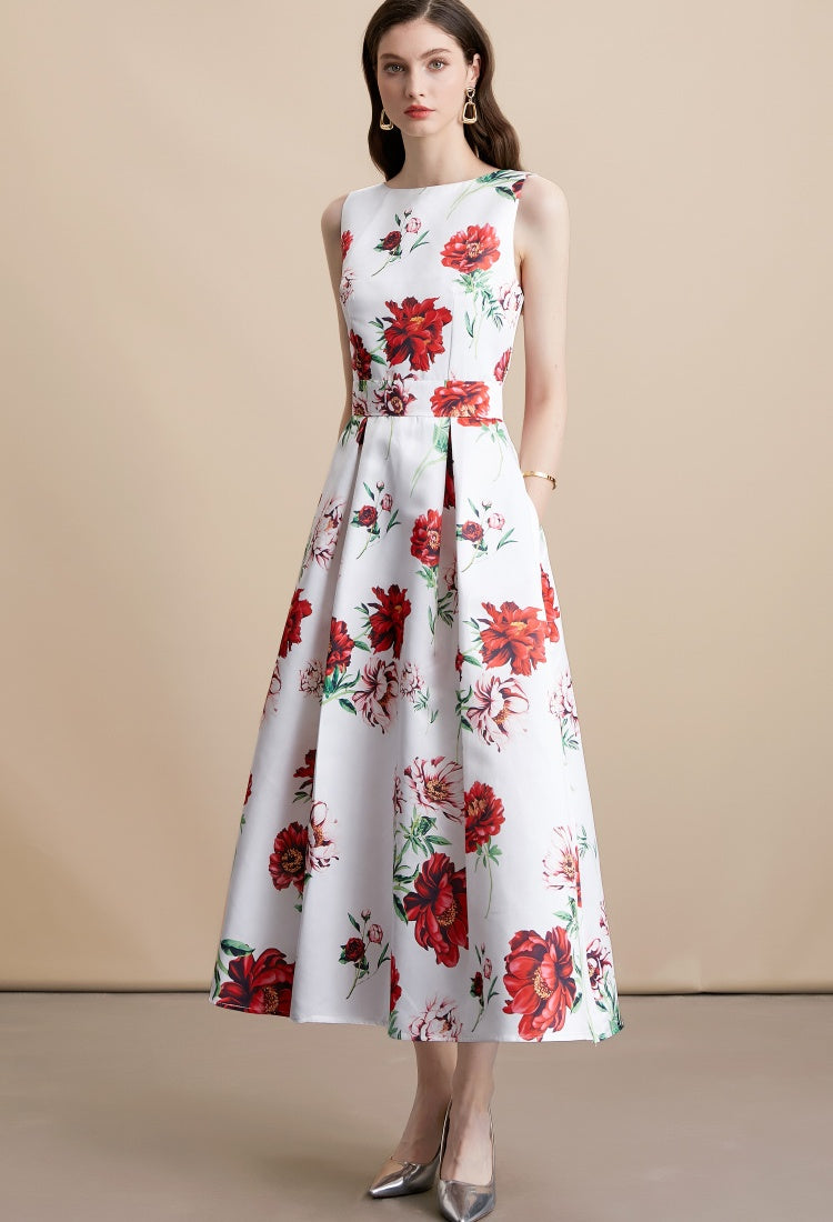 CM-DY054157 Women Elegant European Style Round Neck Sleeveless High Waist Floral Print Midi Dress