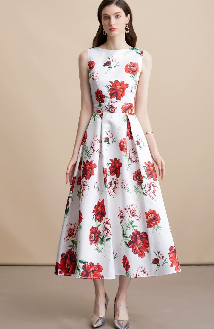 CM-DY054157 Women Elegant European Style Round Neck Sleeveless High Waist Floral Print Midi Dress
