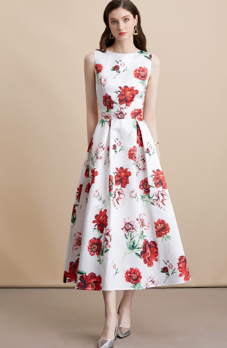 CM-DY054157 Women Elegant European Style Round Neck Sleeveless High Waist Floral Print Midi Dress