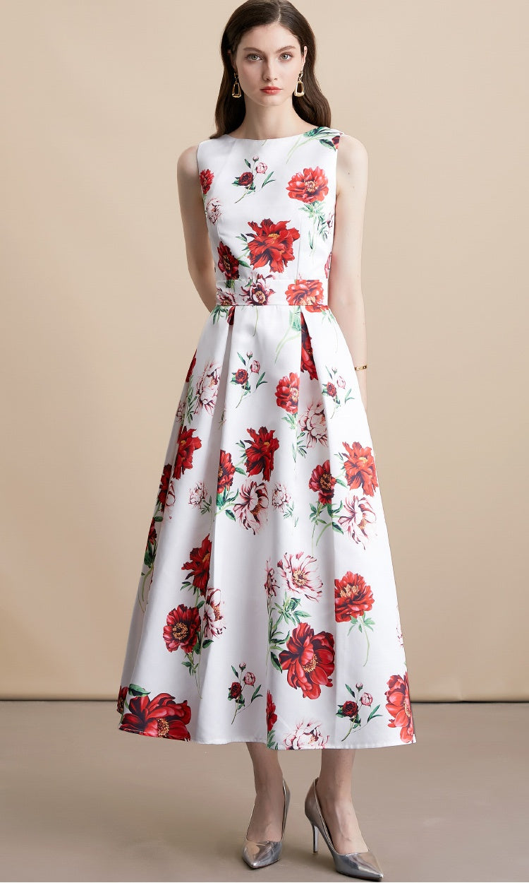 CM-DY054157 Women Elegant European Style Round Neck Sleeveless High Waist Floral Print Midi Dress