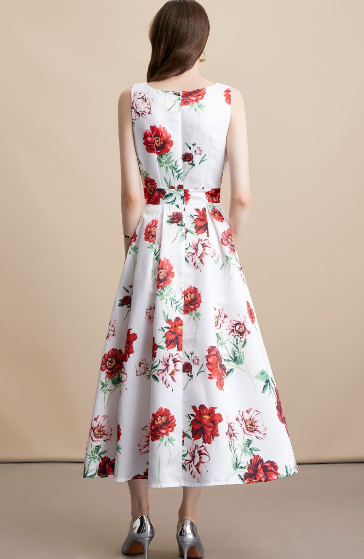CM-DY054157 Women Elegant European Style Round Neck Sleeveless High Waist Floral Print Midi Dress