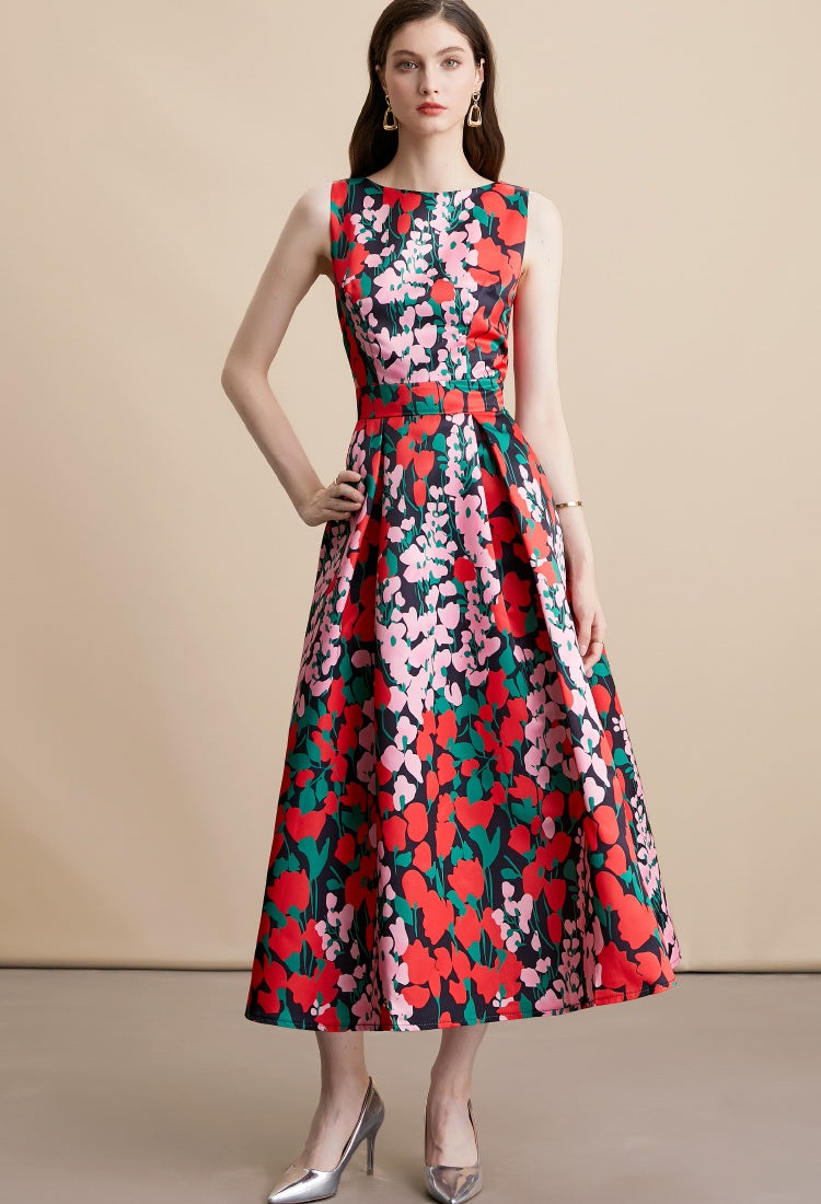 CM-DY054159 Women Elegant European Style Round Neck Sleeveless Pinched Waist A-Line Midi Dress