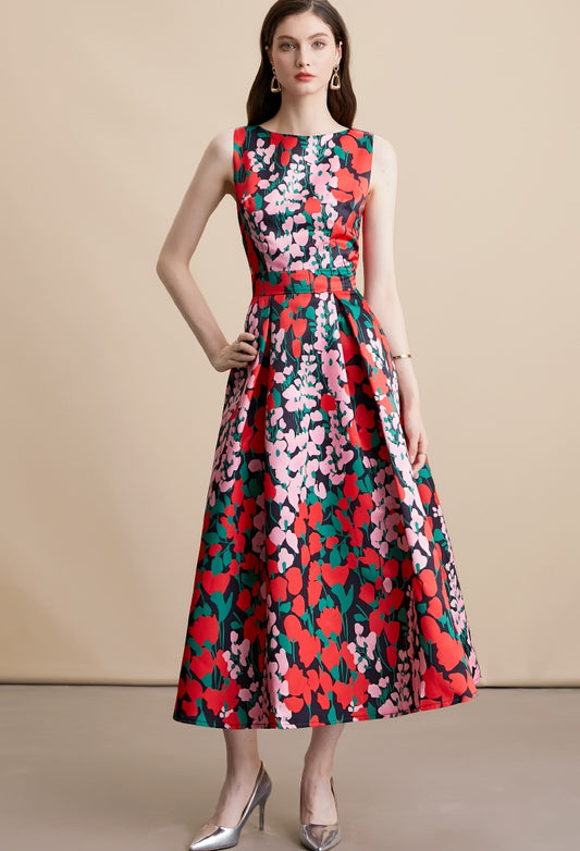 CM-DY054159 Women Elegant European Style Round Neck Sleeveless Pinched Waist A-Line Midi Dress