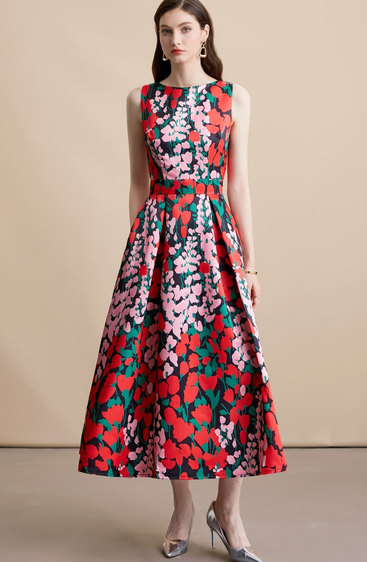 CM-DY054159 Women Elegant European Style Round Neck Sleeveless Pinched Waist A-Line Midi Dress