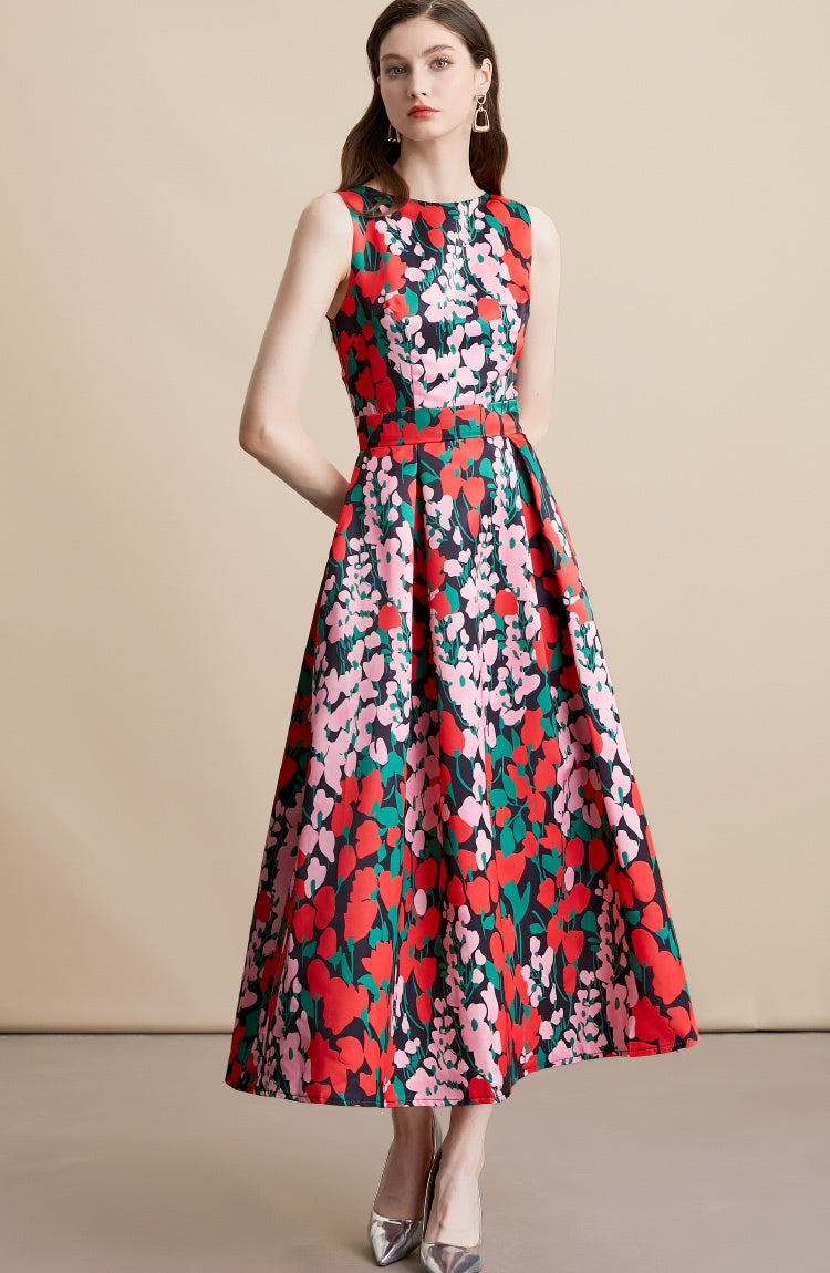 CM-DY054159 Women Elegant European Style Round Neck Sleeveless Pinched Waist A-Line Midi Dress