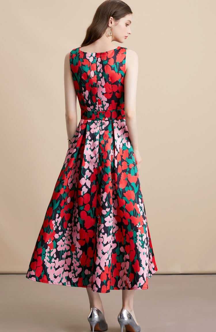 CM-DY054159 Women Elegant European Style Round Neck Sleeveless Pinched Waist A-Line Midi Dress