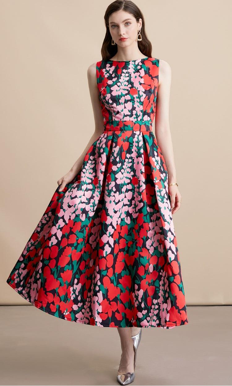 CM-DY054159 Women Elegant European Style Round Neck Sleeveless Pinched Waist A-Line Midi Dress