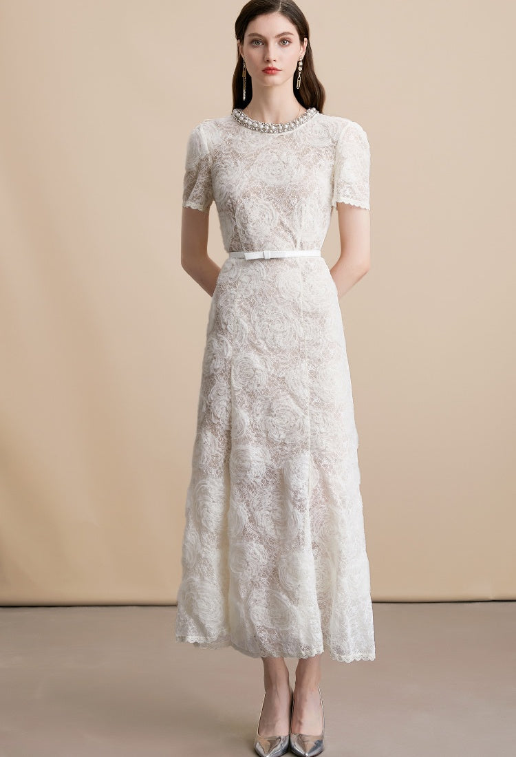 CM-DY054179 Women Elegant European Style Lace Round Neck Short Sleeve Medium Waist Midi Dress - Apricot