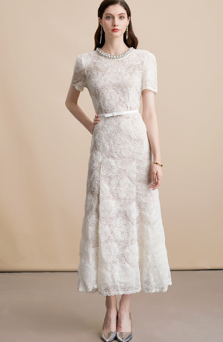 CM-DY054179 Women Elegant European Style Lace Round Neck Short Sleeve Medium Waist Midi Dress - Apricot