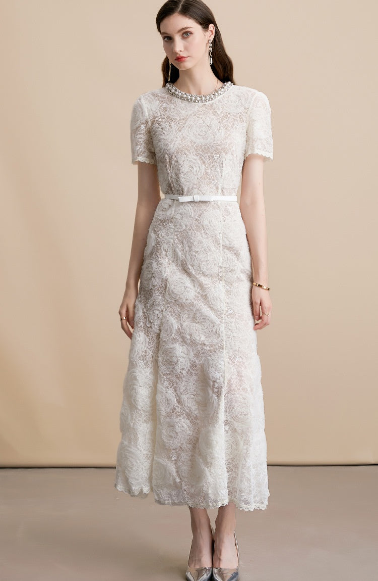 CM-DY054179 Women Elegant European Style Lace Round Neck Short Sleeve Medium Waist Midi Dress - Apricot