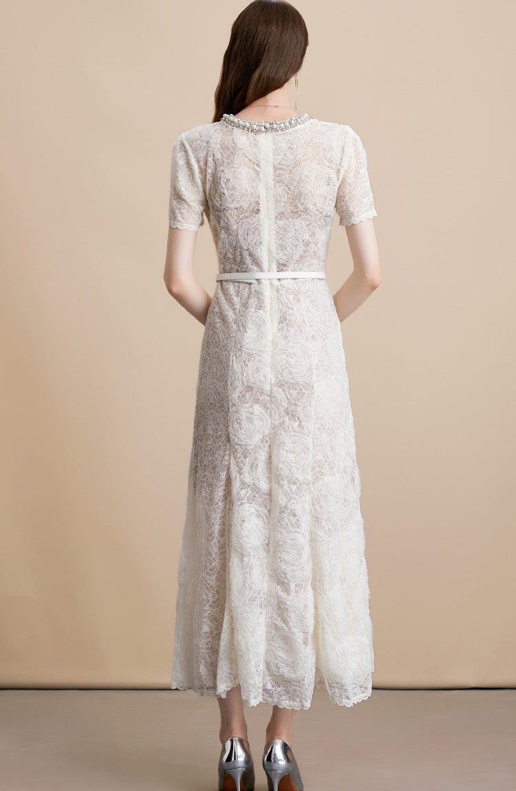 CM-DY054179 Women Elegant European Style Lace Round Neck Short Sleeve Medium Waist Midi Dress - Apricot