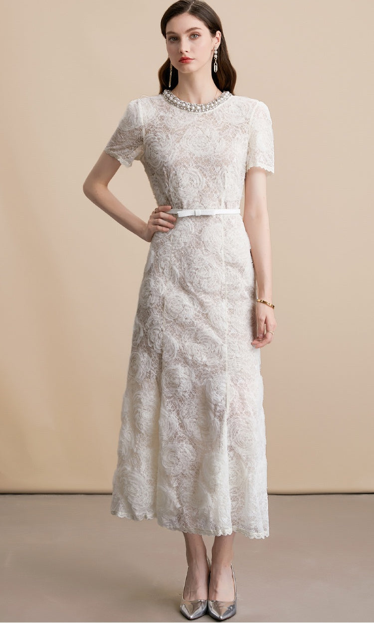 CM-DY054179 Women Elegant European Style Lace Round Neck Short Sleeve Medium Waist Midi Dress - Apricot