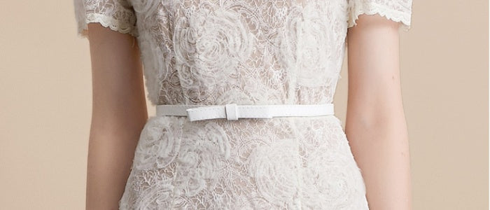 CM-DY054179 Women Elegant European Style Lace Round Neck Short Sleeve Medium Waist Midi Dress - Apricot
