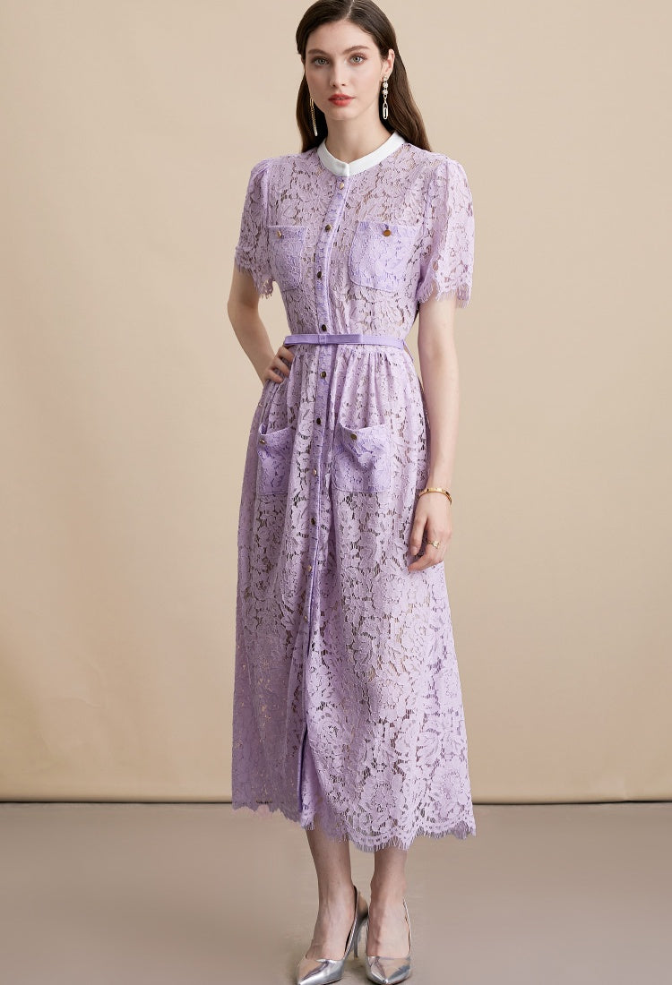 CM-DY054180 Women Elegant European Style Round Neck Short Sleeve Belted Mid-Length Dress - Purple