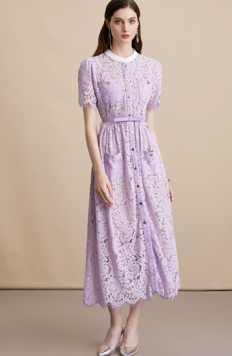 CM-DY054180 Women Elegant European Style Round Neck Short Sleeve Belted Mid-Length Dress - Purple