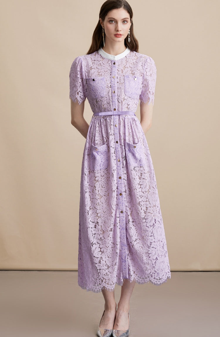 CM-DY054180 Women Elegant European Style Round Neck Short Sleeve Belted Mid-Length Dress - Purple