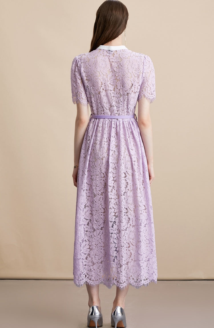 CM-DY054180 Women Elegant European Style Round Neck Short Sleeve Belted Mid-Length Dress - Purple
