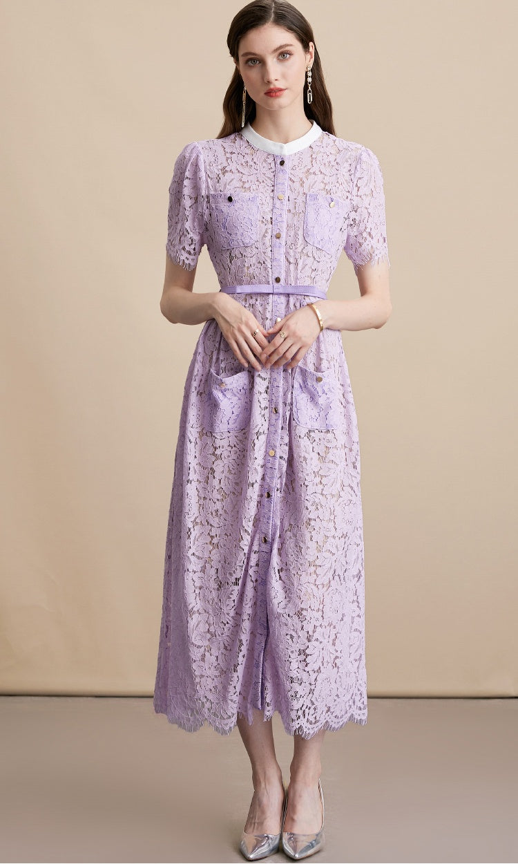 CM-DY054180 Women Elegant European Style Round Neck Short Sleeve Belted Mid-Length Dress - Purple