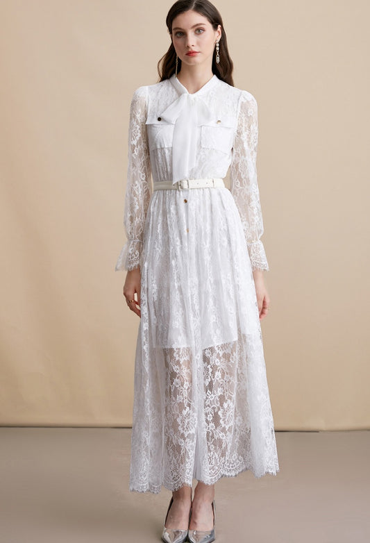 CM-DY054190 Women Elegant European Style Tie Neck Long Sleeve High Waist Mid-Length Dress - White