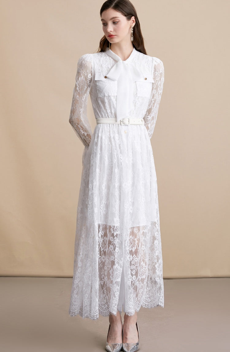 CM-DY054190 Women Elegant European Style Tie Neck Long Sleeve High Waist Mid-Length Dress - White