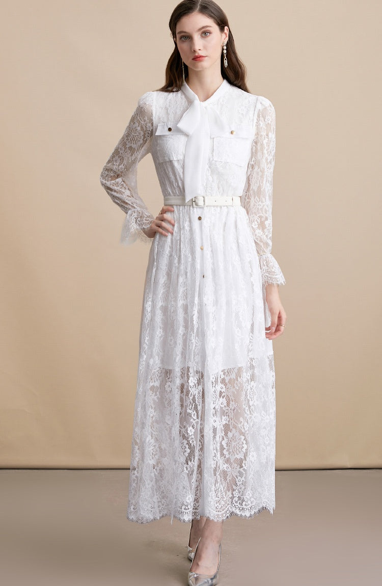CM-DY054190 Women Elegant European Style Tie Neck Long Sleeve High Waist Mid-Length Dress - White