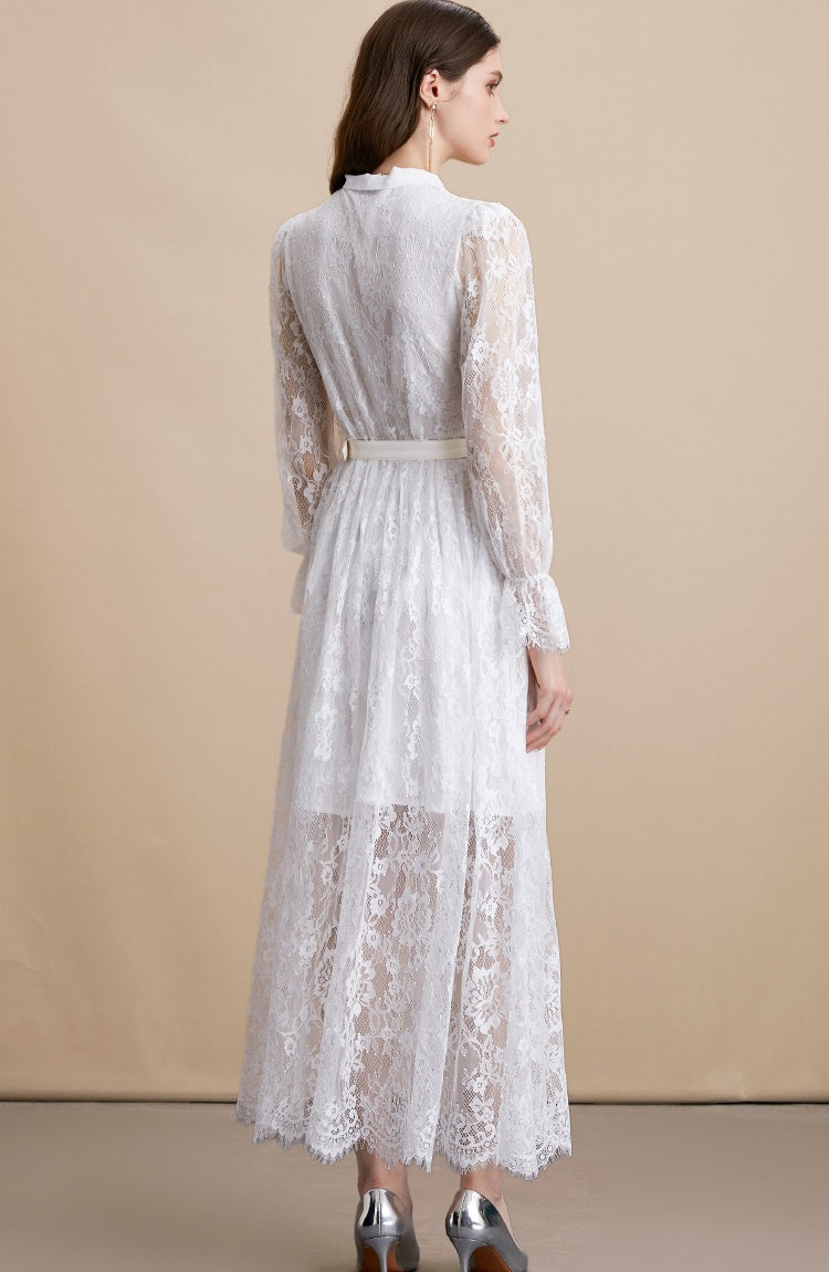 CM-DY054190 Women Elegant European Style Tie Neck Long Sleeve High Waist Mid-Length Dress - White