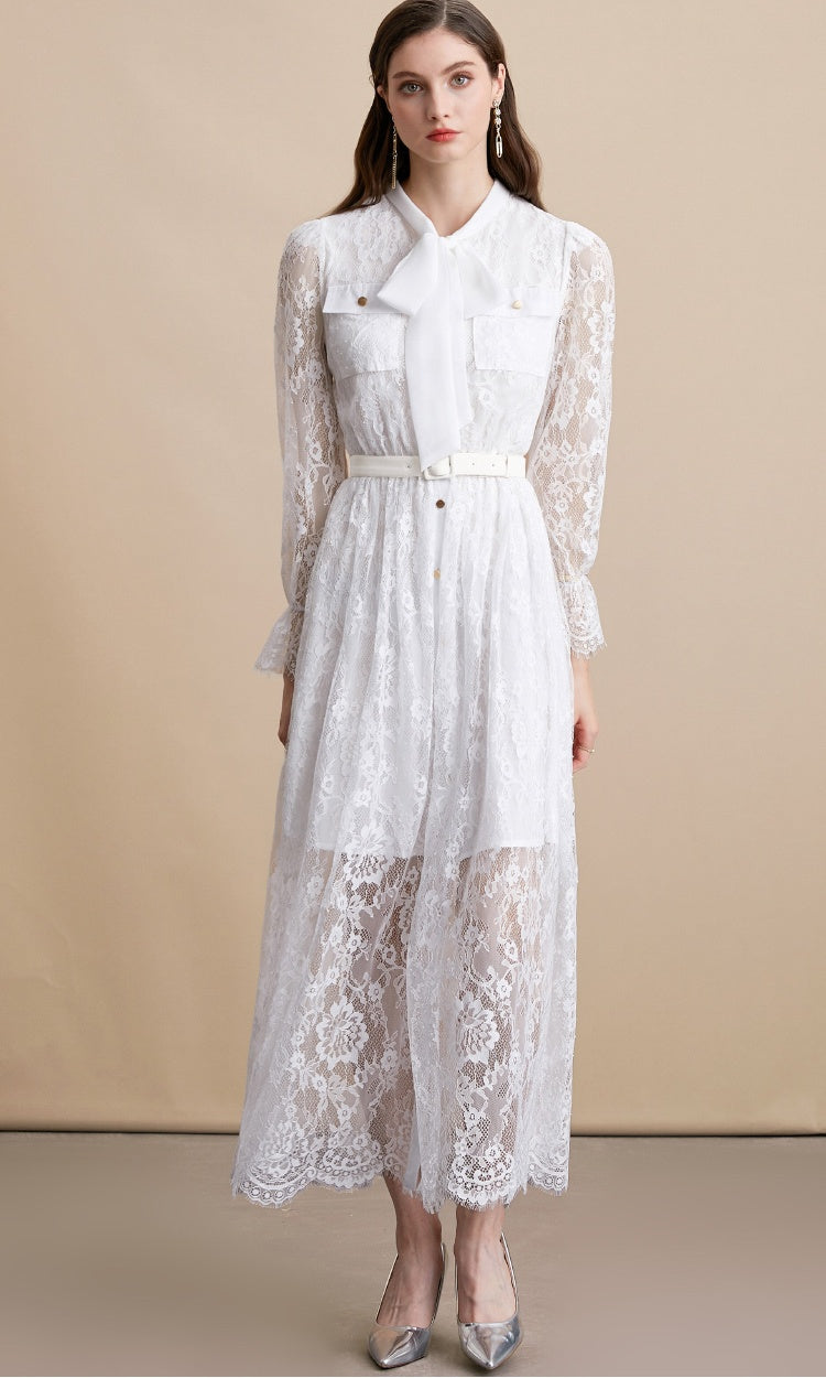 CM-DY054190 Women Elegant European Style Tie Neck Long Sleeve High Waist Mid-Length Dress - White