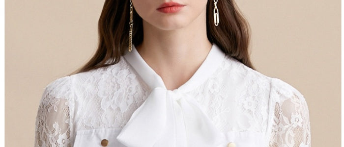 CM-DY054190 Women Elegant European Style Tie Neck Long Sleeve High Waist Mid-Length Dress - White