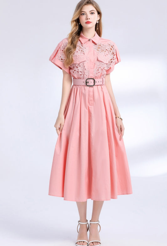 CM-DY054191 Women Elegant European Style Lace Collar Neckline Short Sleeve Pinched Waist Midi Dress - Pink