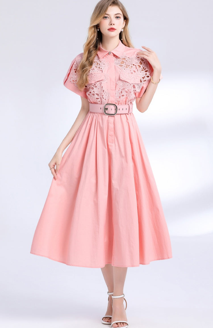 CM-DY054191 Women Elegant European Style Lace Collar Neckline Short Sleeve Pinched Waist Midi Dress - Pink