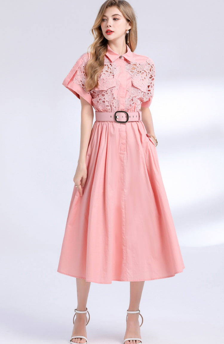 CM-DY054191 Women Elegant European Style Lace Collar Neckline Short Sleeve Pinched Waist Midi Dress - Pink