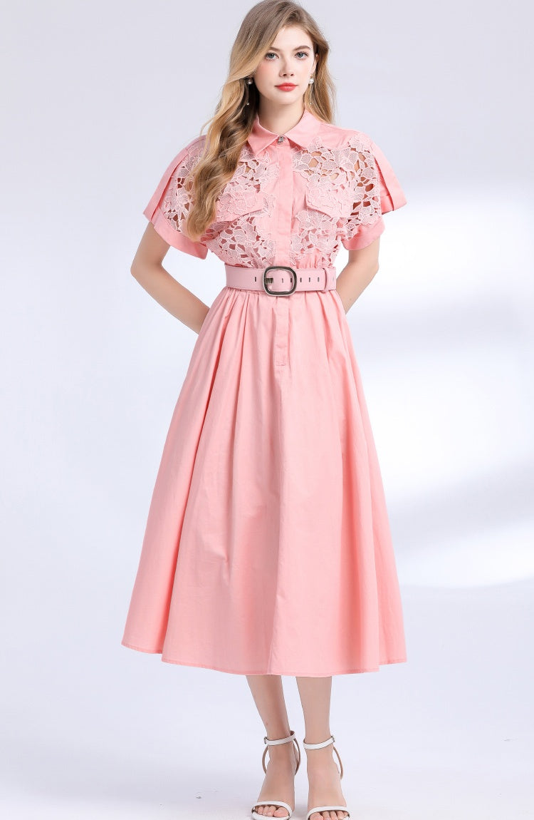 CM-DY054191 Women Elegant European Style Lace Collar Neckline Short Sleeve Pinched Waist Midi Dress - Pink