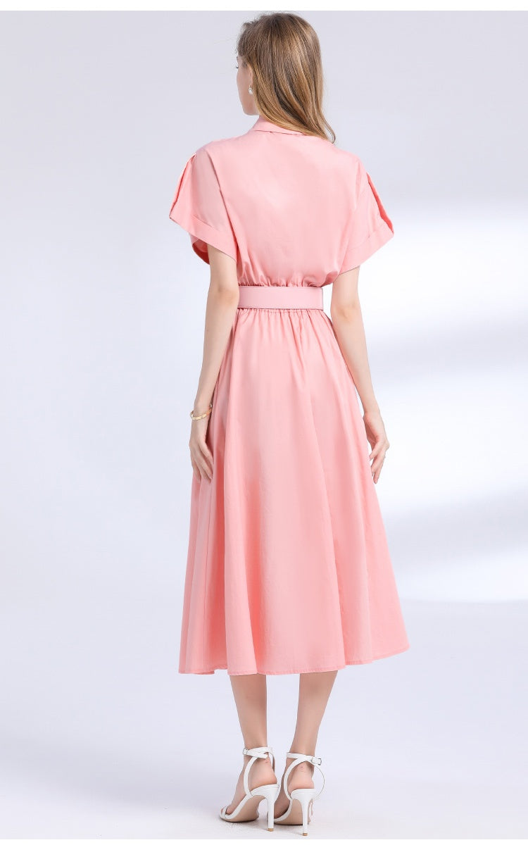 CM-DY054191 Women Elegant European Style Lace Collar Neckline Short Sleeve Pinched Waist Midi Dress - Pink