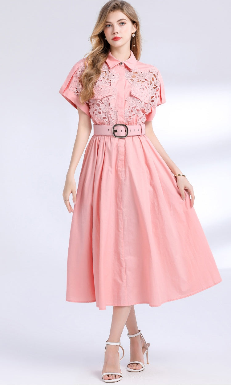 CM-DY054191 Women Elegant European Style Lace Collar Neckline Short Sleeve Pinched Waist Midi Dress - Pink