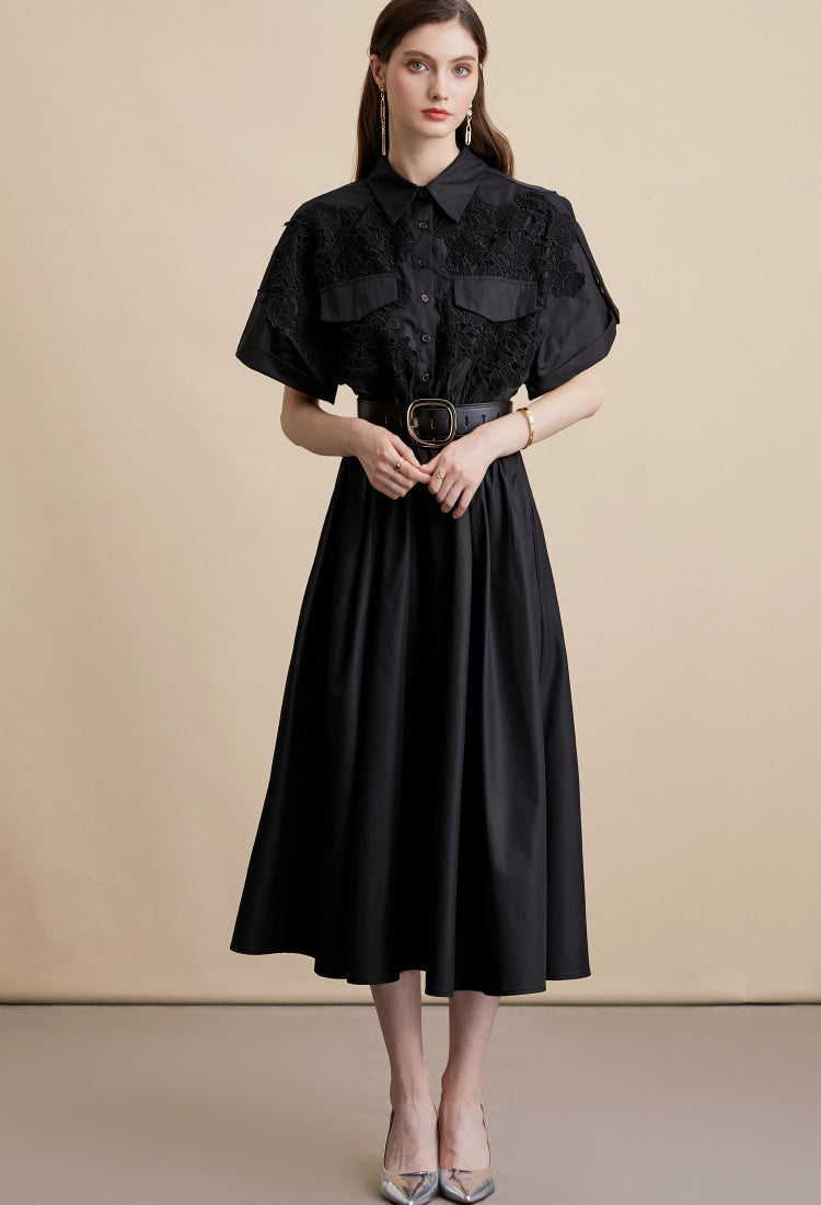CM-DY054192 Women Elegant European Style Lace Collar Neckline Short Sleeve Pinched Waist Midi Dress - Black