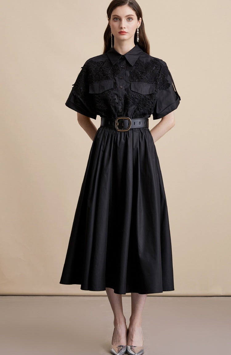 CM-DY054192 Women Elegant European Style Lace Collar Neckline Short Sleeve Pinched Waist Midi Dress - Black