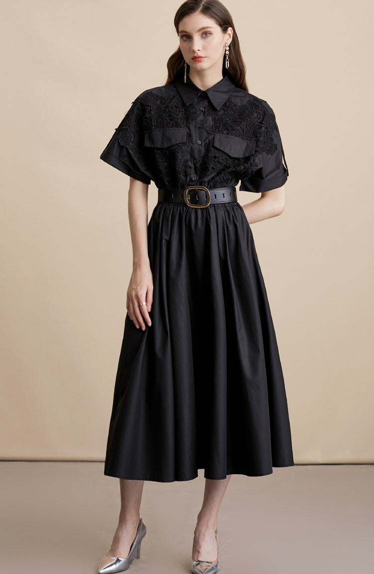 CM-DY054192 Women Elegant European Style Lace Collar Neckline Short Sleeve Pinched Waist Midi Dress - Black