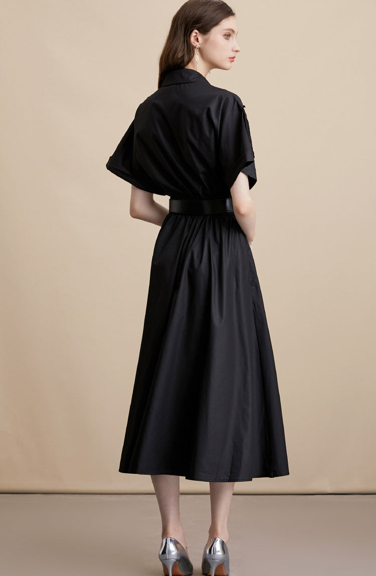 CM-DY054192 Women Elegant European Style Lace Collar Neckline Short Sleeve Pinched Waist Midi Dress - Black