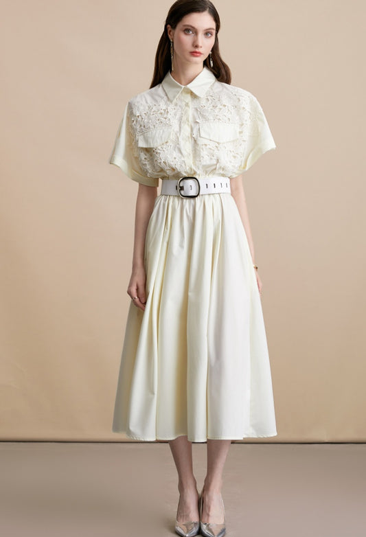 CM-DY054193 Women Elegant European Style Lace Collar Neckline Short Sleeve Pinched Waist Midi Dress - Apricot
