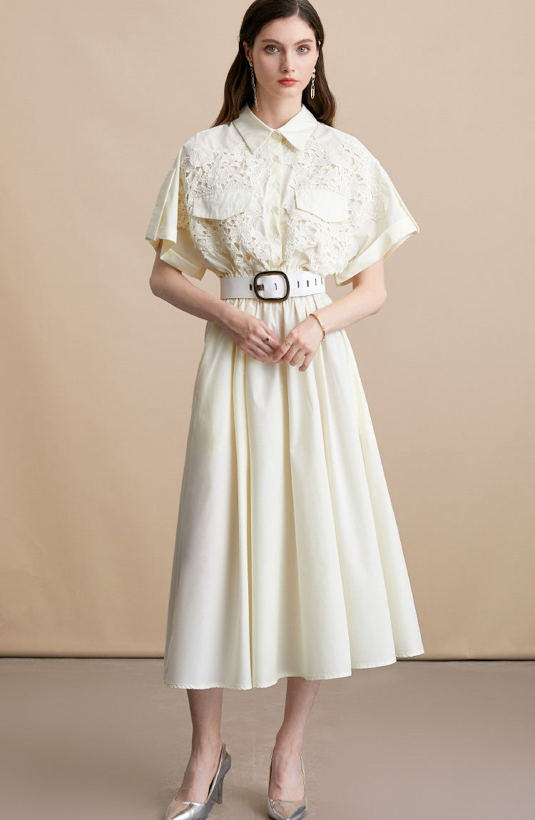 CM-DY054193 Women Elegant European Style Lace Collar Neckline Short Sleeve Pinched Waist Midi Dress - Apricot