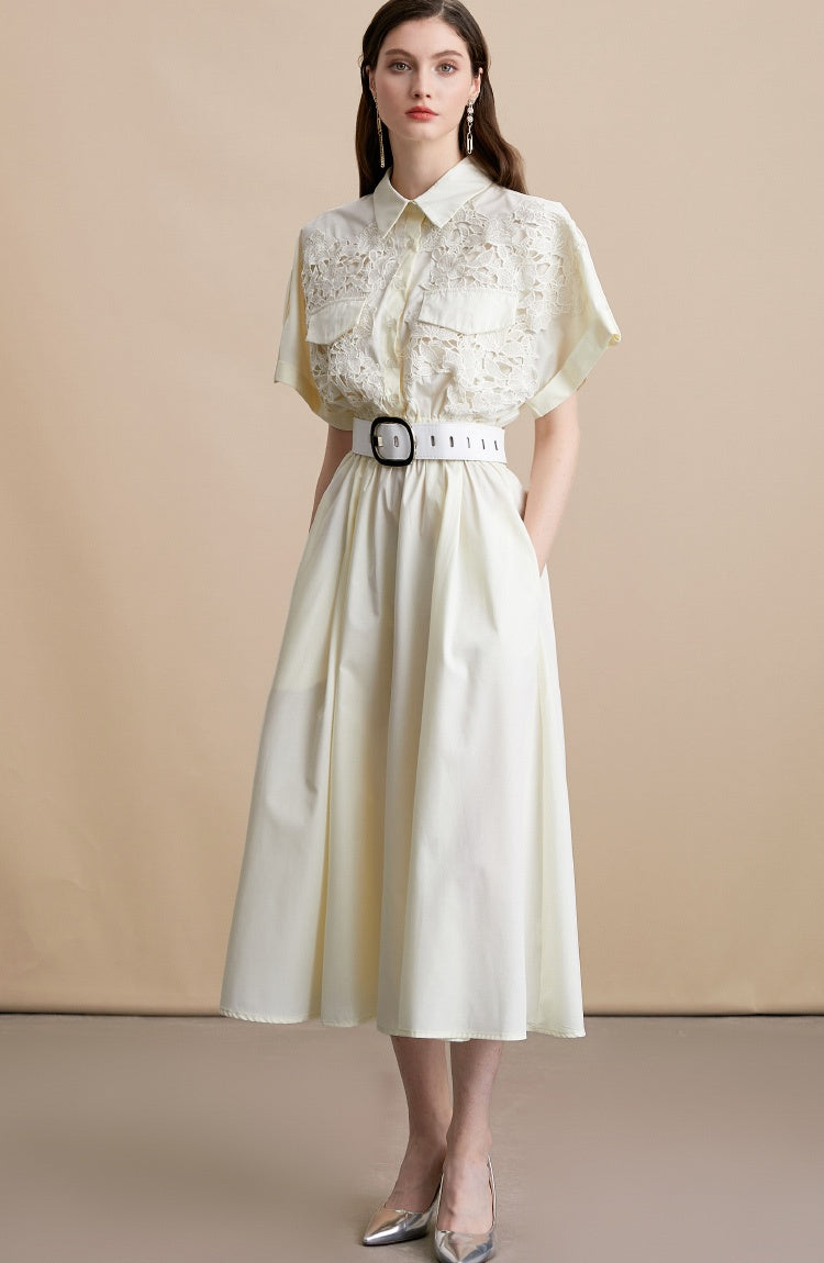 CM-DY054193 Women Elegant European Style Lace Collar Neckline Short Sleeve Pinched Waist Midi Dress - Apricot