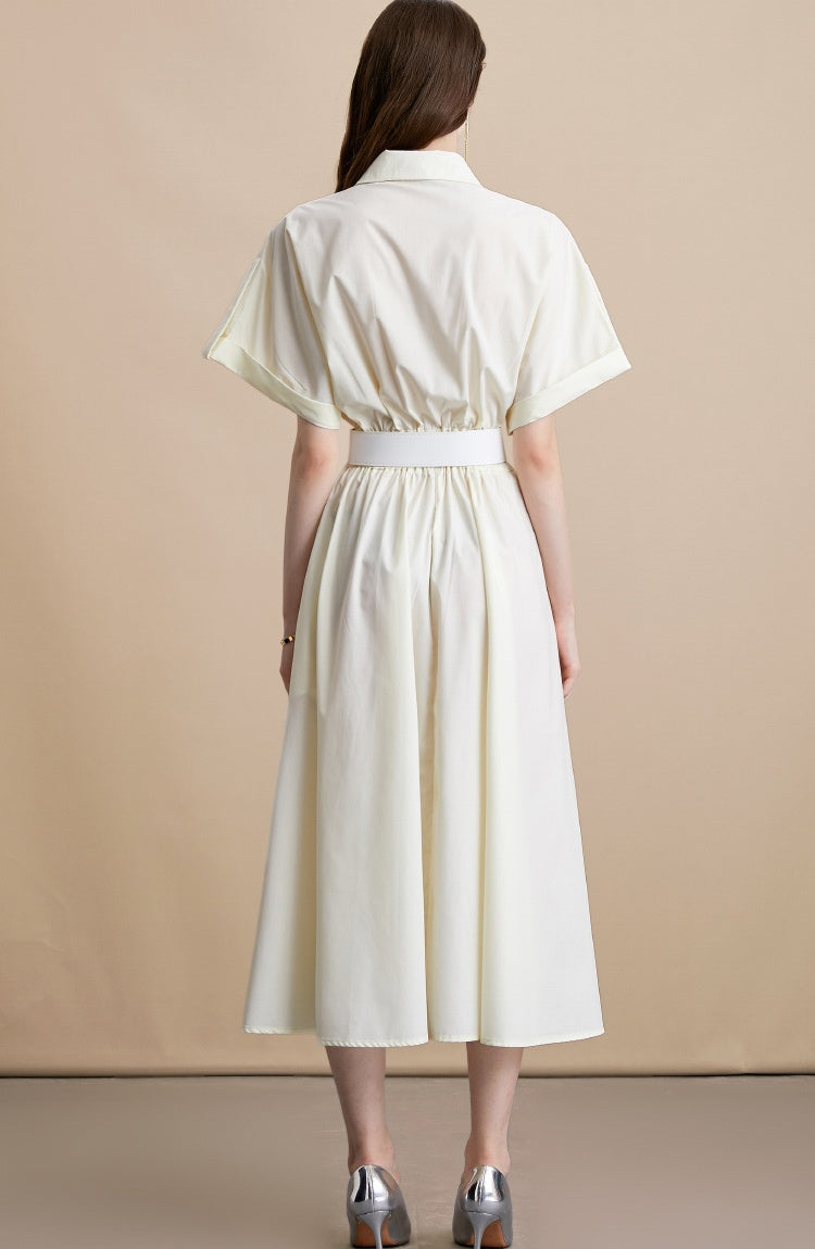 CM-DY054193 Women Elegant European Style Lace Collar Neckline Short Sleeve Pinched Waist Midi Dress - Apricot